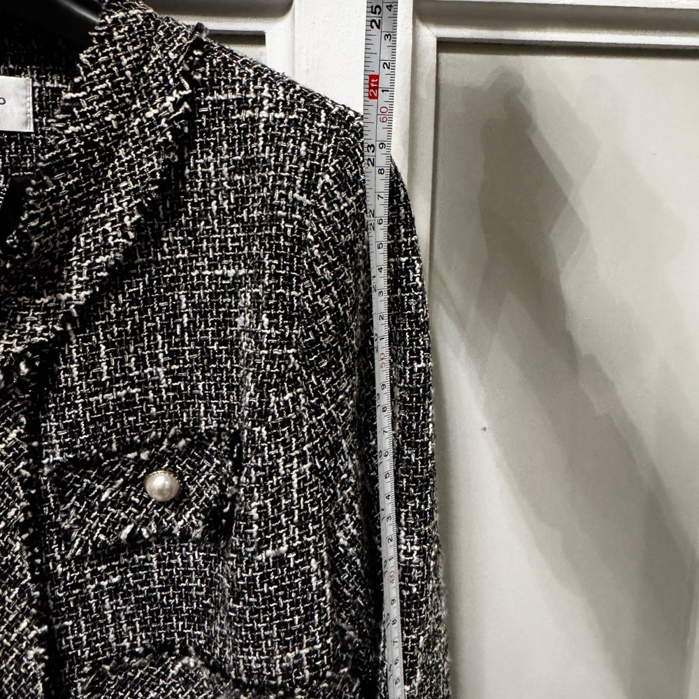 Momoco Black White Tweed Check Long Overcoat Fringe Pearl Buttons Size 38 - Picture 5 of 11